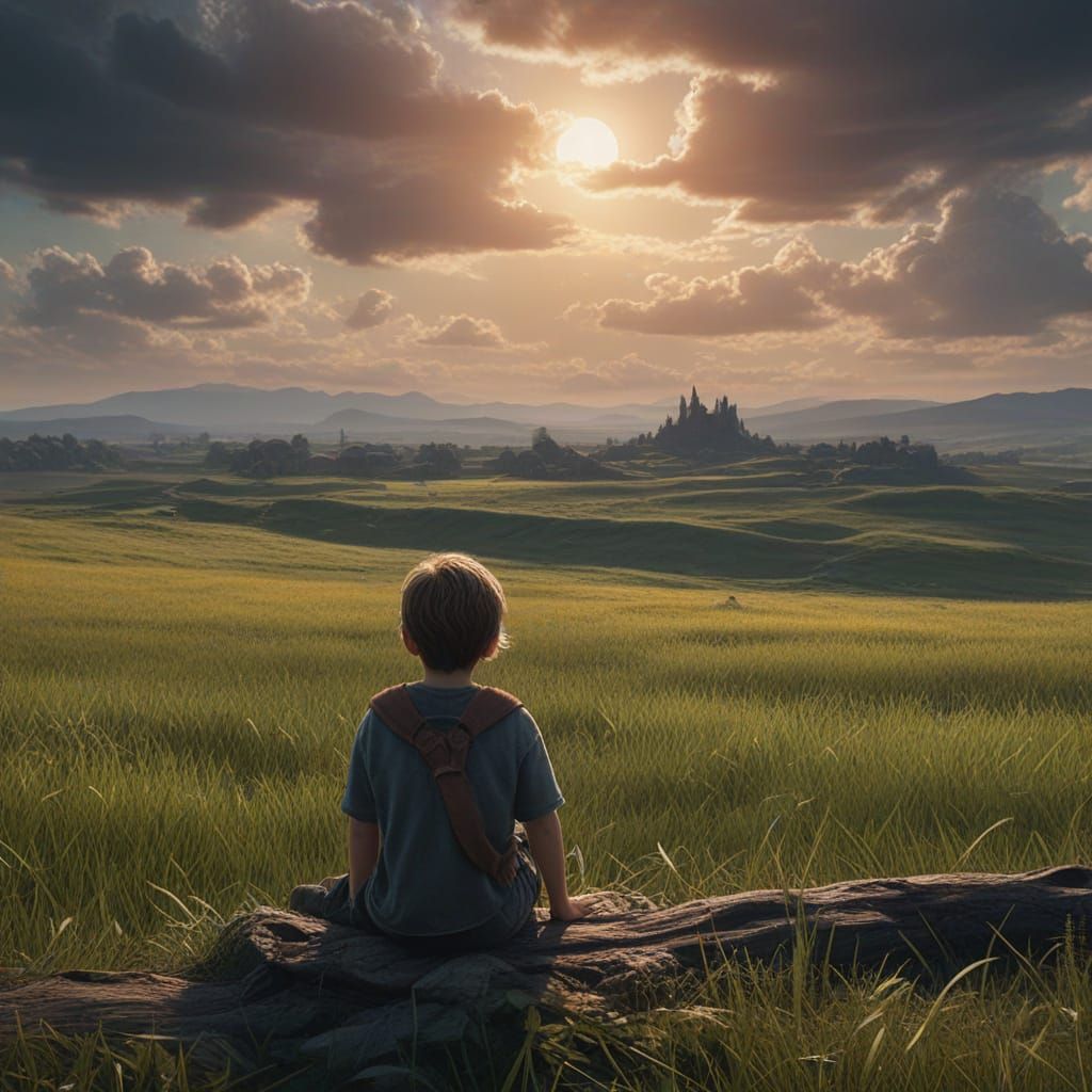 Child's Resilience in Vast Field, Fantasy Concept Art