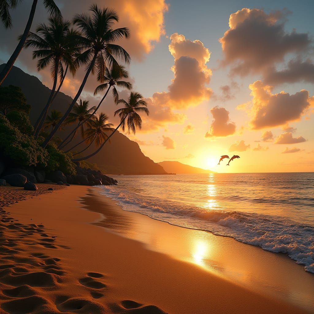 Hawaiian Beach Sunset with Dolphins
