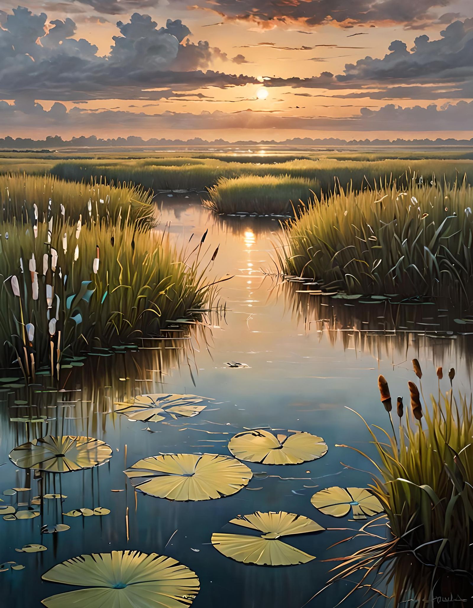 Mystical Marshland Sunrise as Oil Painting