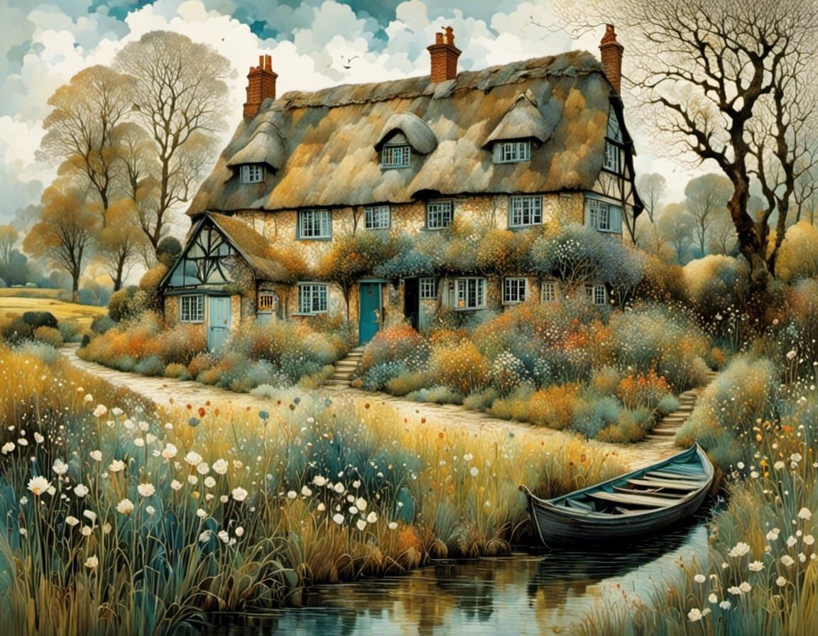 Charming Thatched House with Spring Garden in Naive Art Styl...