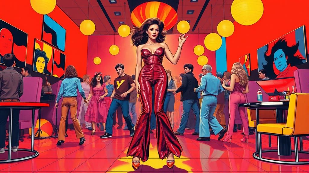 Vibrant Disco Scene in 1970s Bauhaus Style