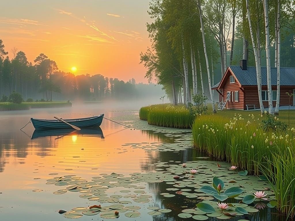 Serene Waterside House in Morning Light