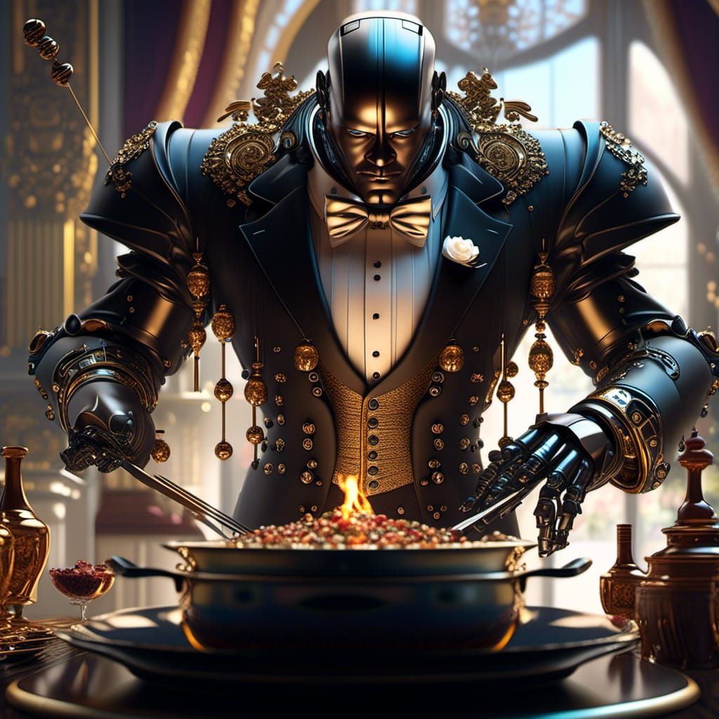 Android Butler in Hyperreal CGI Diorama