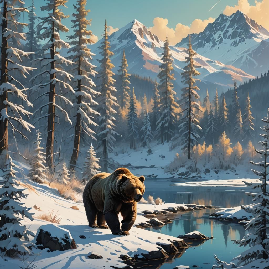 Grizzly Bear in Snowy Woods, Fantasy Art