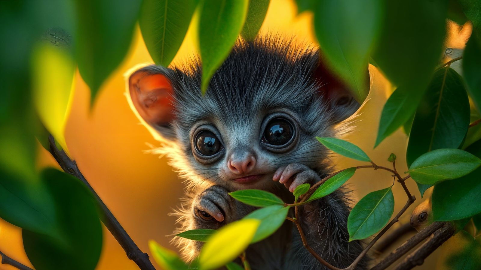 Whimsical African Bushbaby Peeks Through Lush Forest