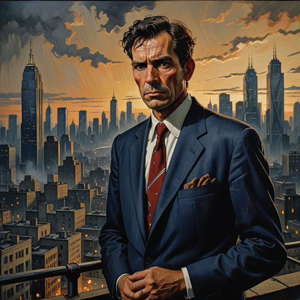 Serious Newscaster in Dramatic Cityscape Oil Painting