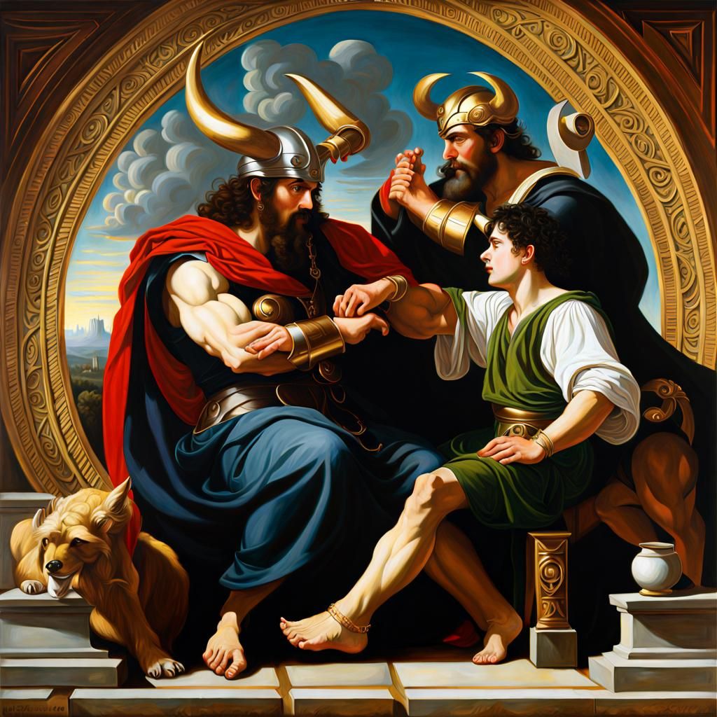 Loki Amongs Jotuns in a Hyperdetailed Mythological Oil on Ca...