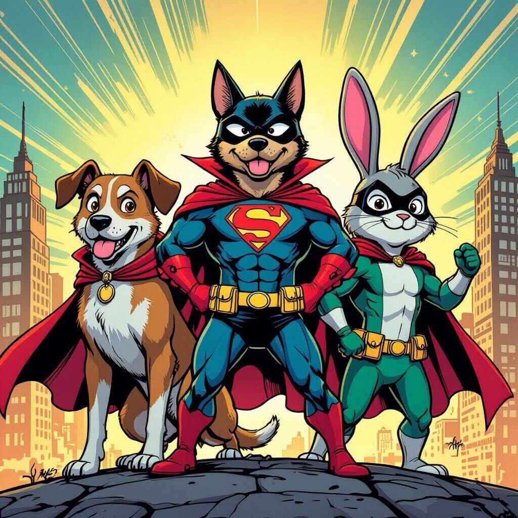 Heroic Animals in Comic Book Style Posing on Cityscape