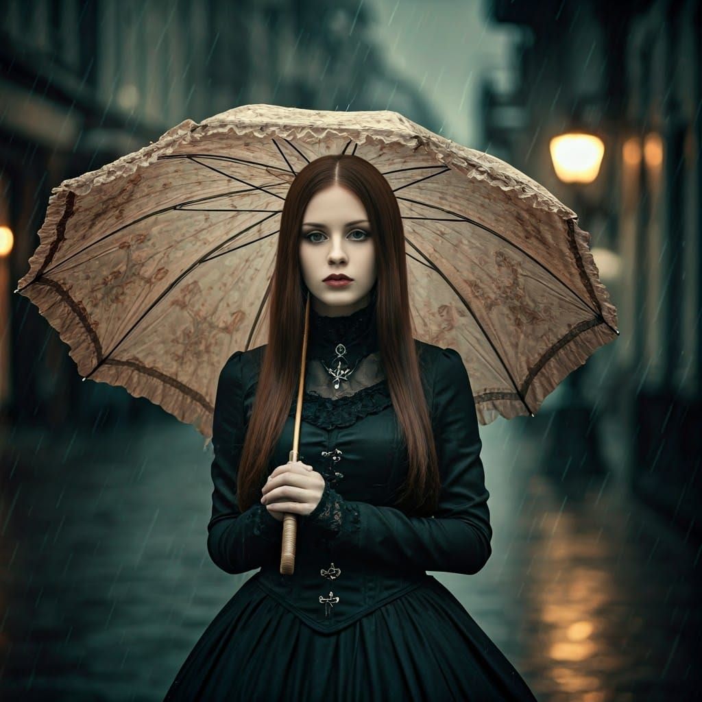 Gothic Girl with Umbrella in Rainy Cityscape