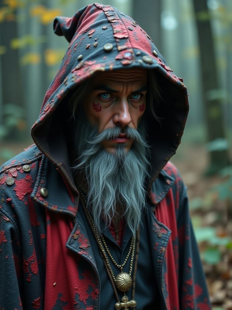 Grungy Wizard Peddler in Hyperrealistic Dungeonpunk Style