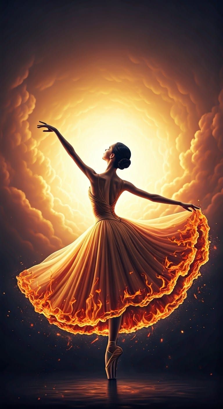 Ballerina in Fiery Gown Soaring Through Sky