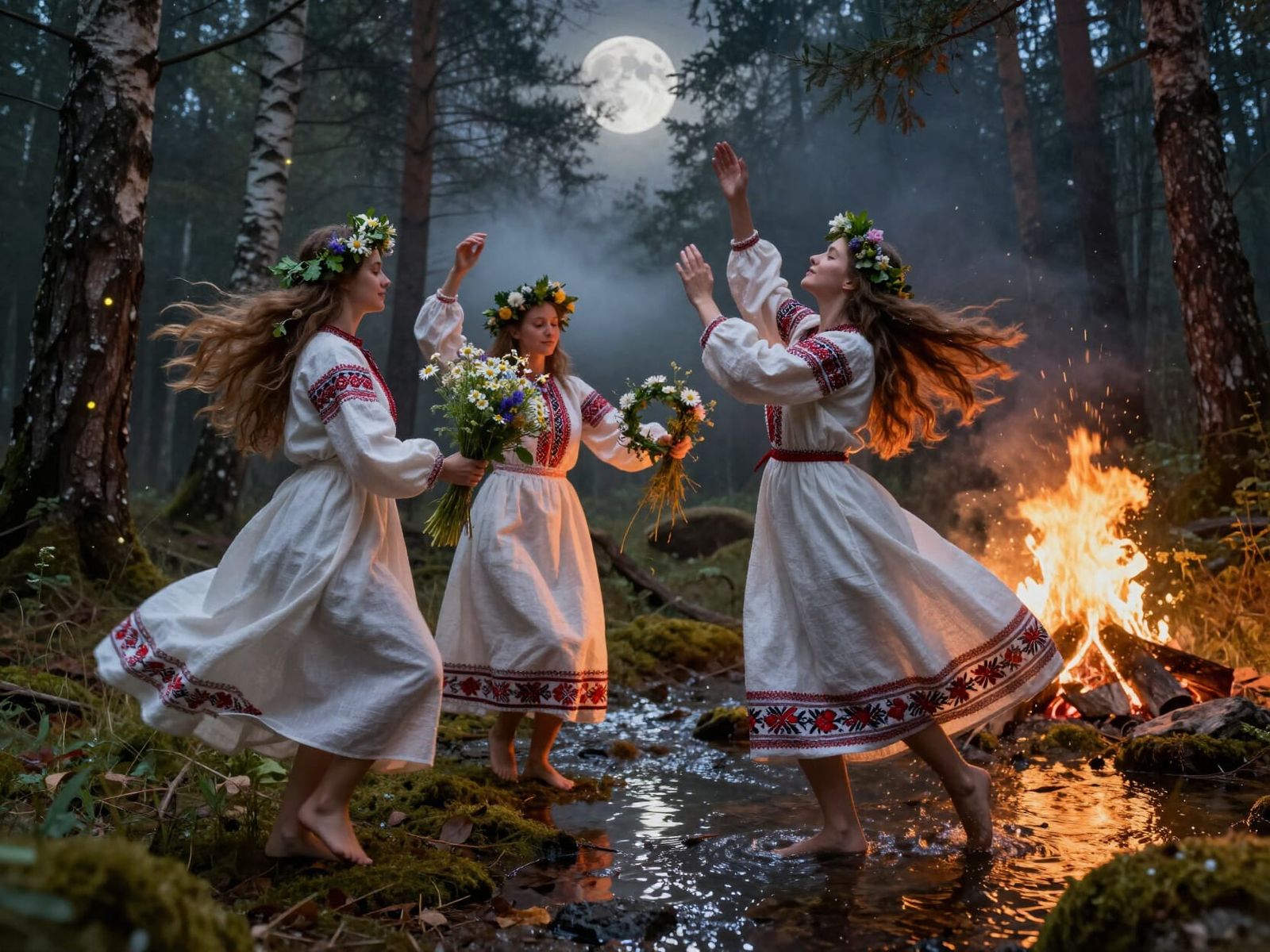 Slavic Women's Mystical Forest Ritual Dance Under Full Moon