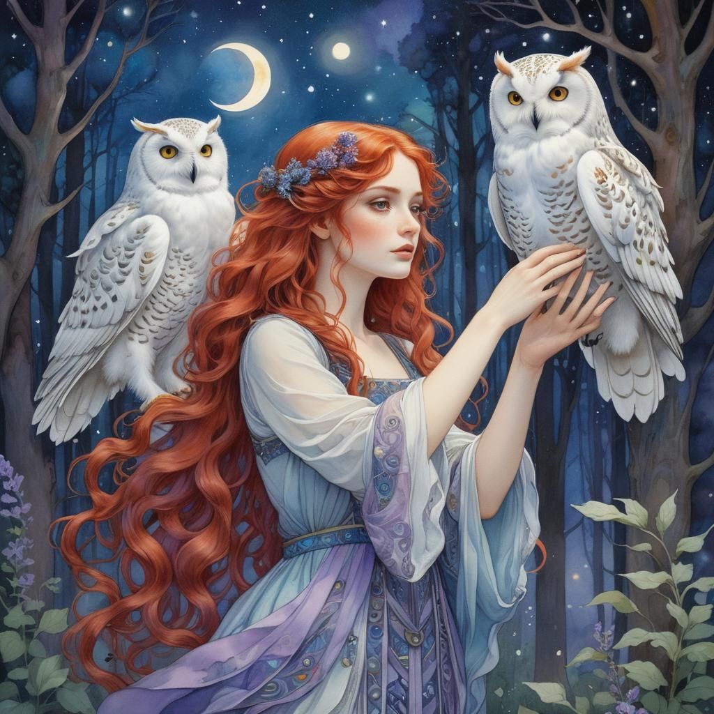 Girl with Owl in Summer Forest, Art Nouveau Style