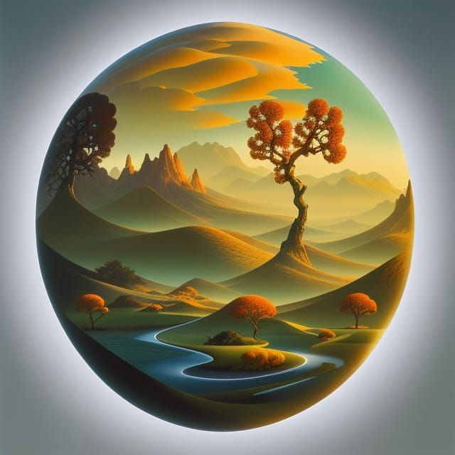 Desert Oasis Sunrise in a Reflective Sphere