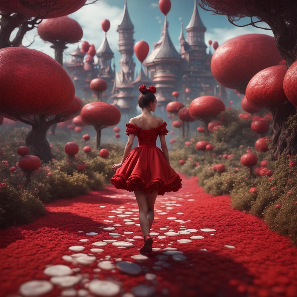 Brunette in Red Dress: Surreal Wonderland Art