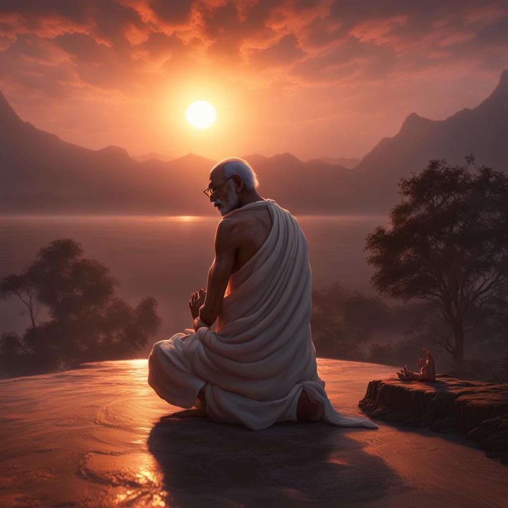 Gandhi in Prayer: Detailed Matte Painting