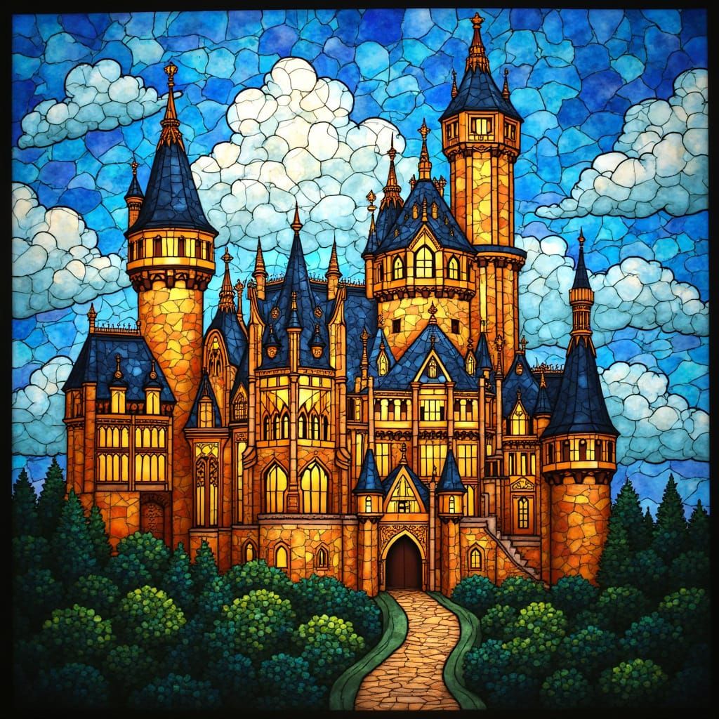 Luminous Castle Mosaic in Art Nouveau Style