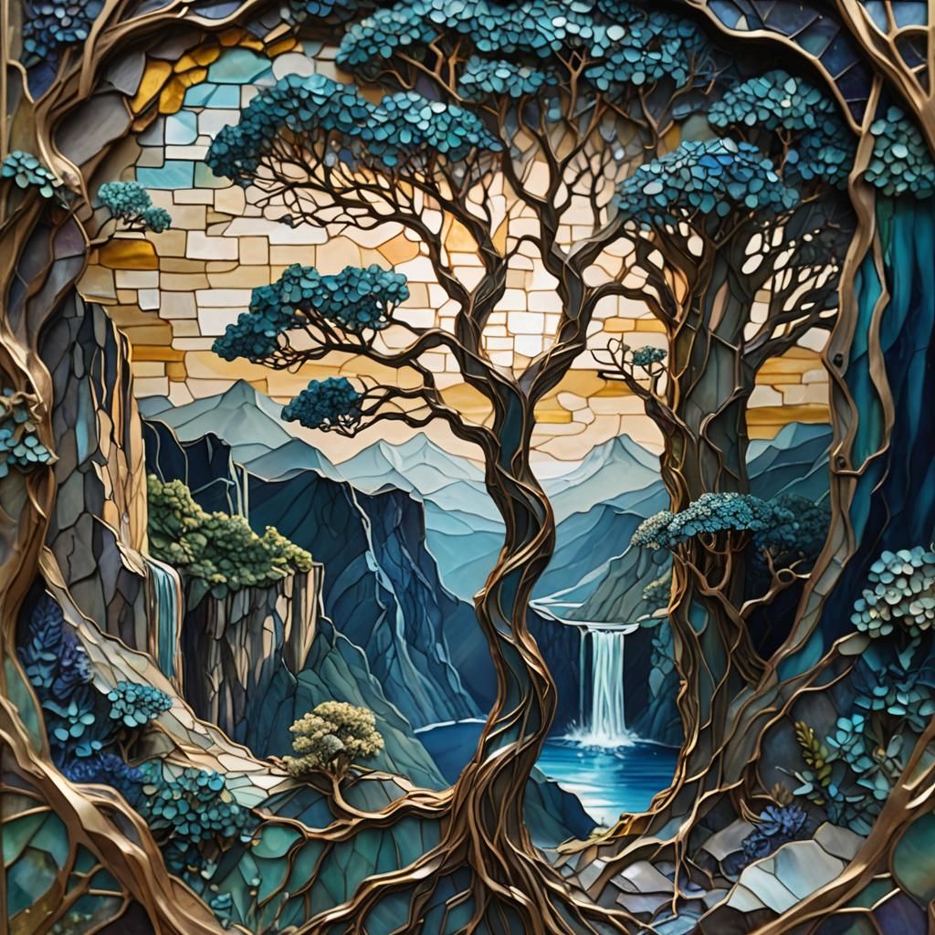 Gemstone Cliffs and Waterfalls in Stained Glass Mosaic