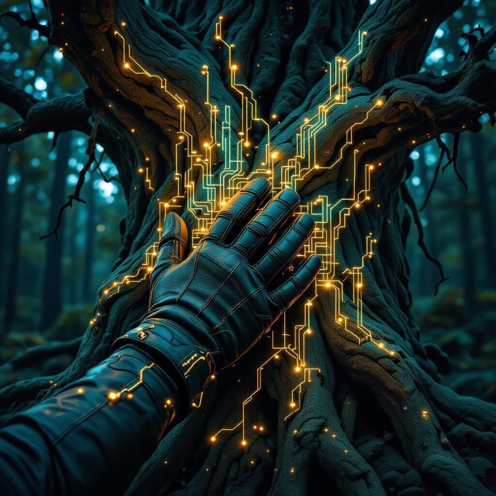 Hand Merging with Tree Roots in Bioluminescent Digital Art