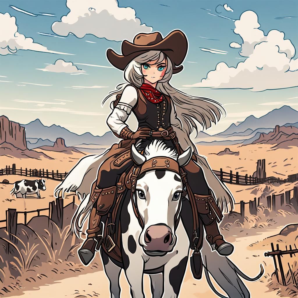 Anime Cowgirl Rides Horse in Wild West