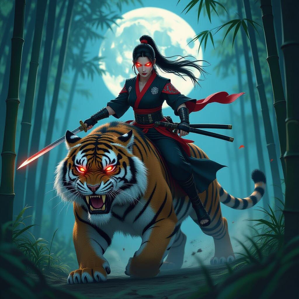Ninja Woman Rides Tiger Through Bamboo Forest