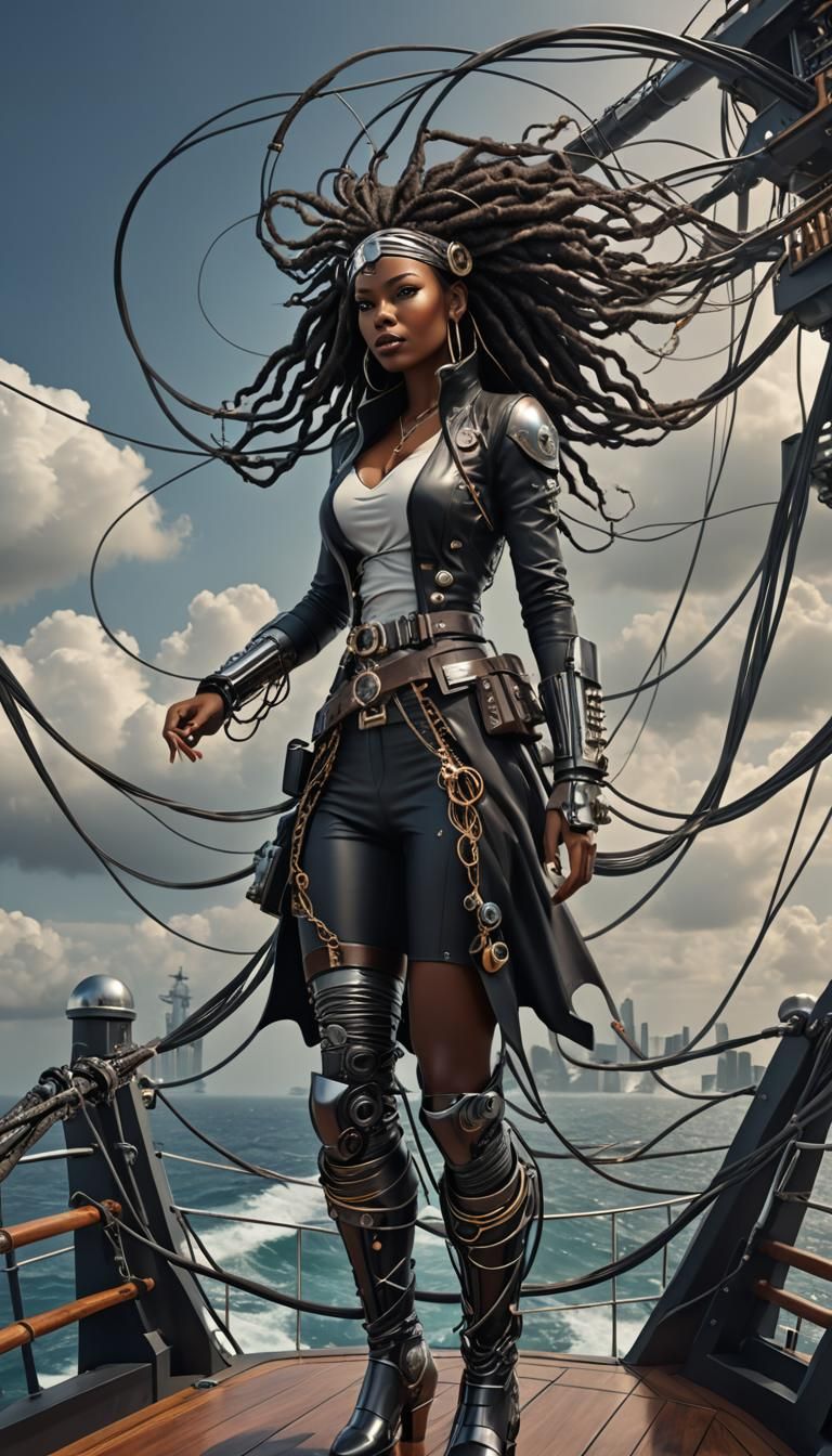 Cyberpunk Woman with Cable Hair on Flying Pirate Ship