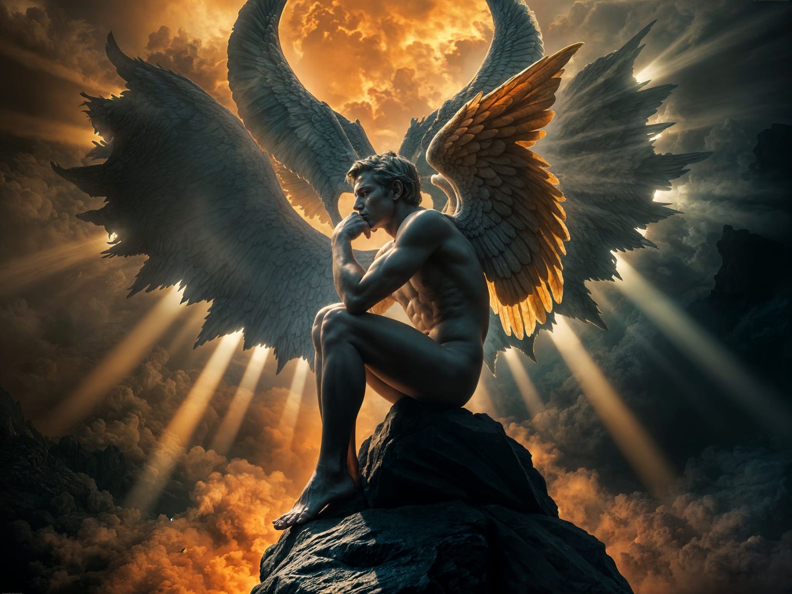 Angel of Epic Proportions Sits Amidst a Smoky Demon's Lair