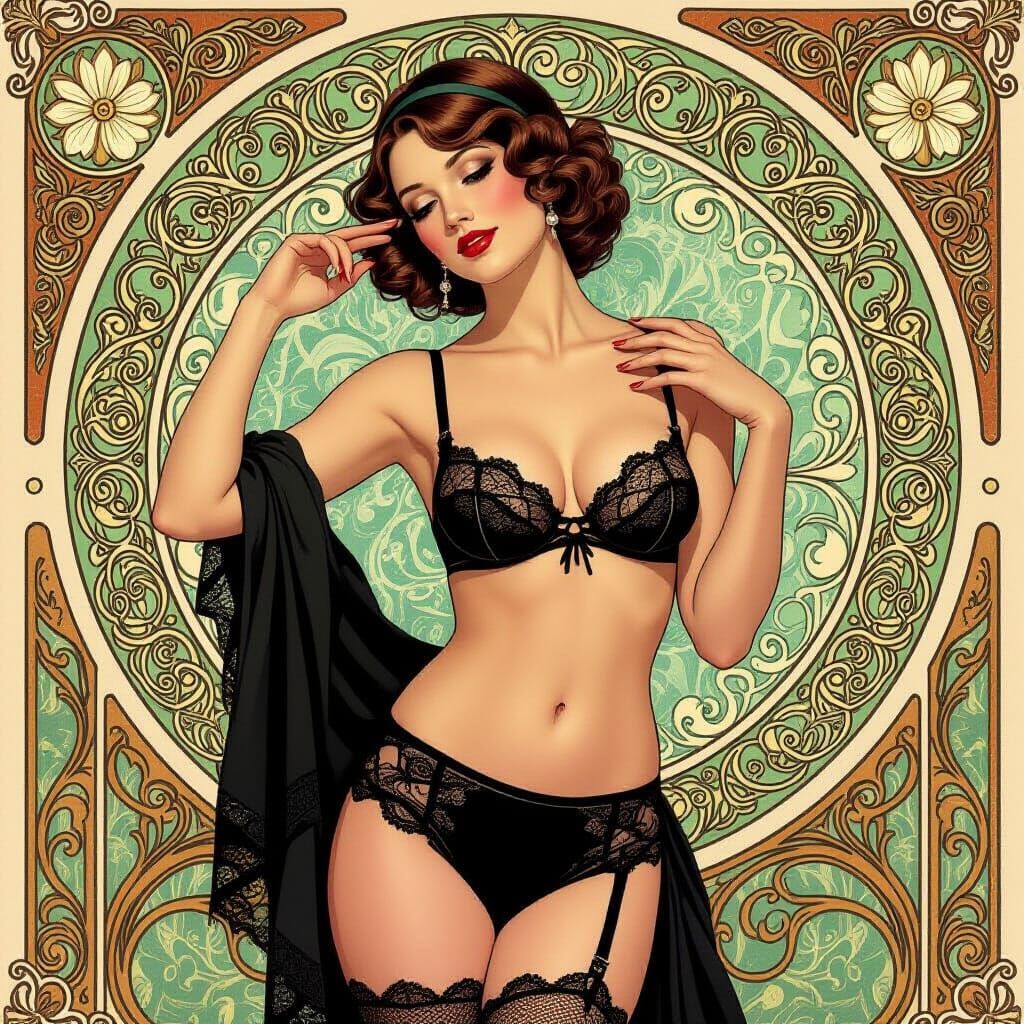 Elegant Woman in Lace Lingerie, Art Nouveau Style