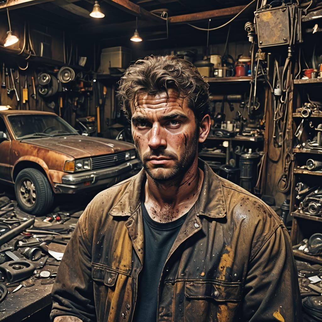 Gritty Industrial Mechanic in Abandoned Workshop