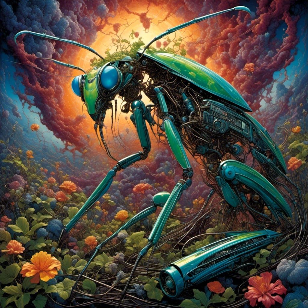 Luminous Cyborg Mantis in Bionic Nebula