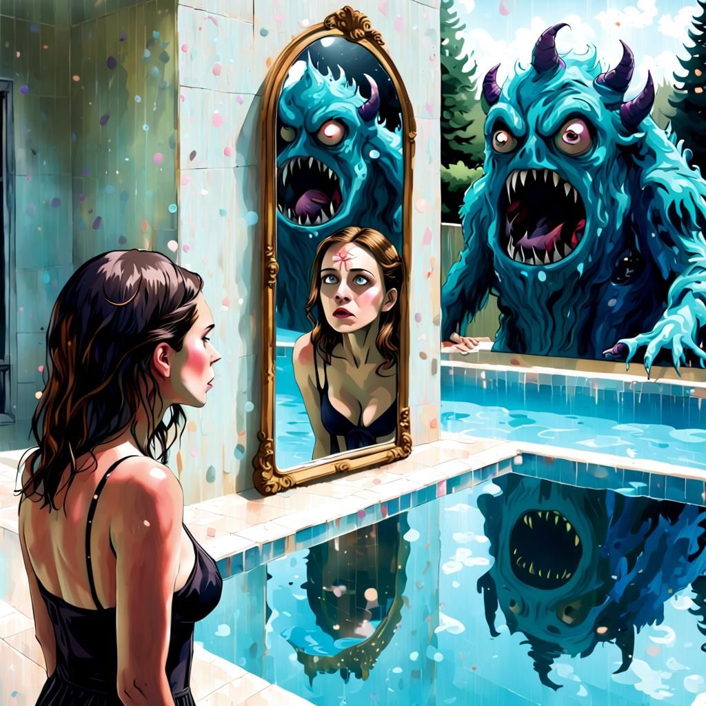 Woman's Monstrous Reflection in Pool