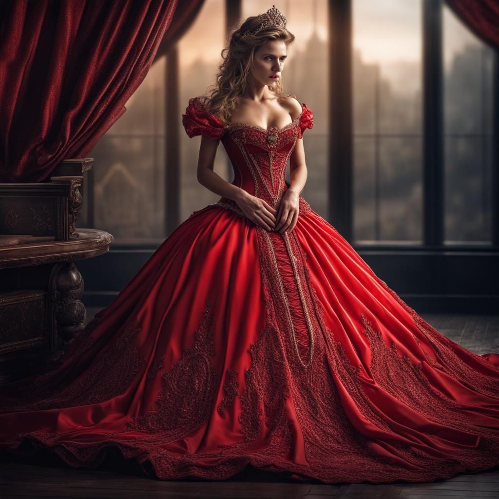Red Princess Fantasy Dress in Hyperrealistic Style