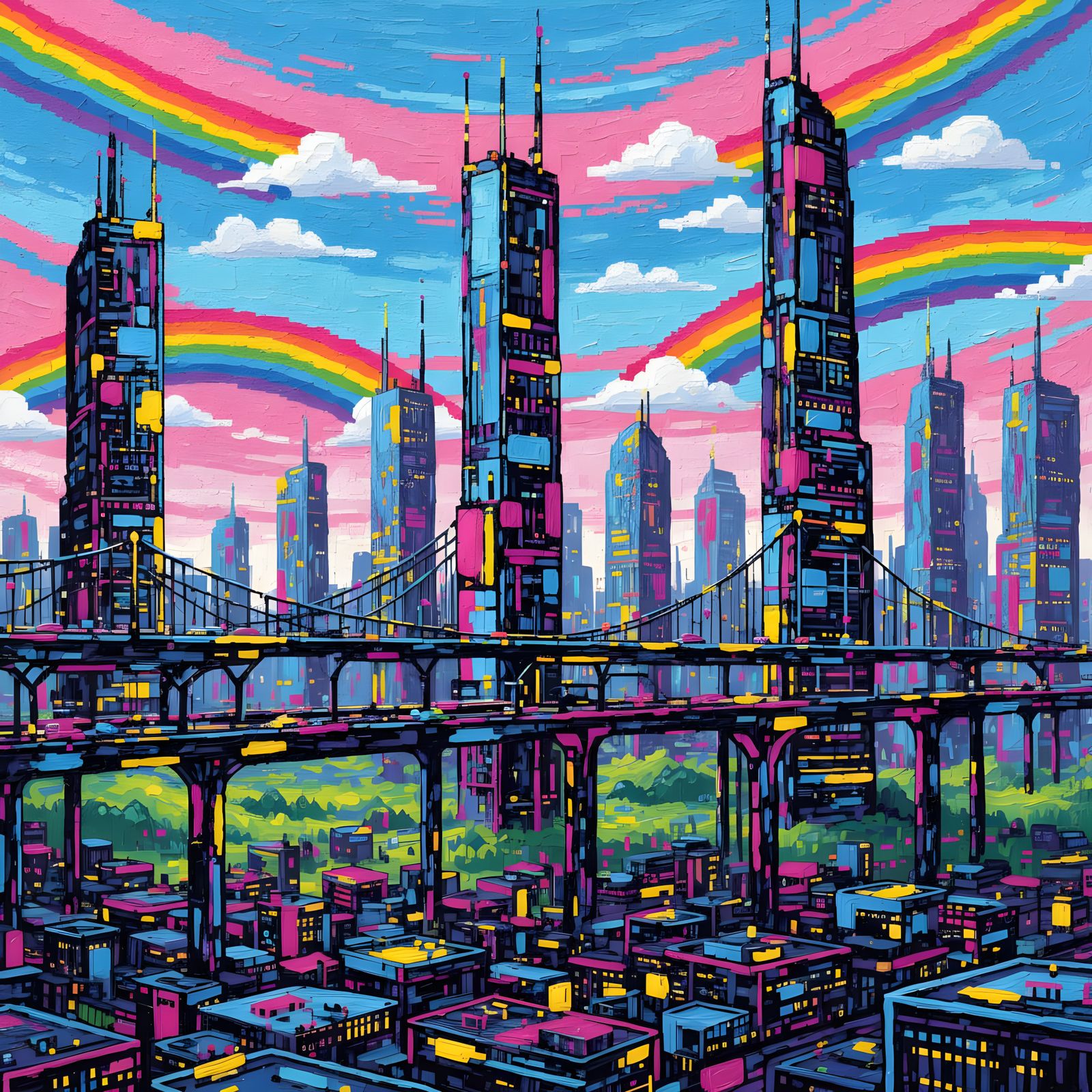 Pixel Art Cityscape with Kaleidoscopic Skyline