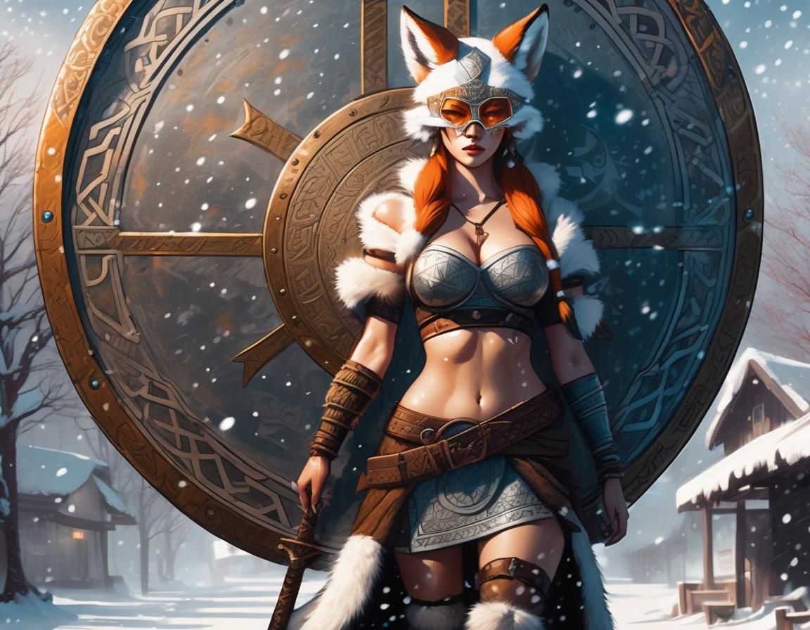 Viking Kitsune Girl with Mythic Shield in Holographic Art