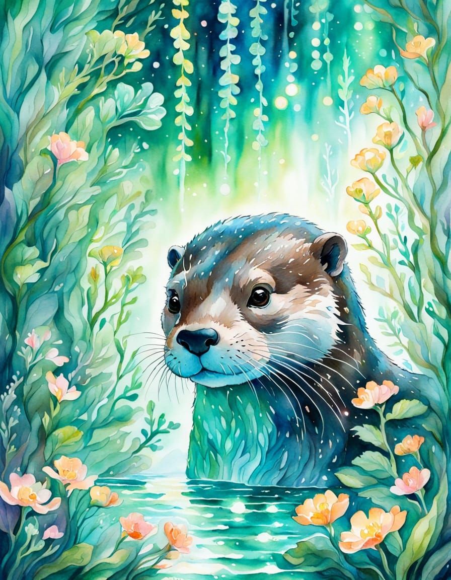 Watercolor Otter Diving in Bioluminescent Kelp Forest
