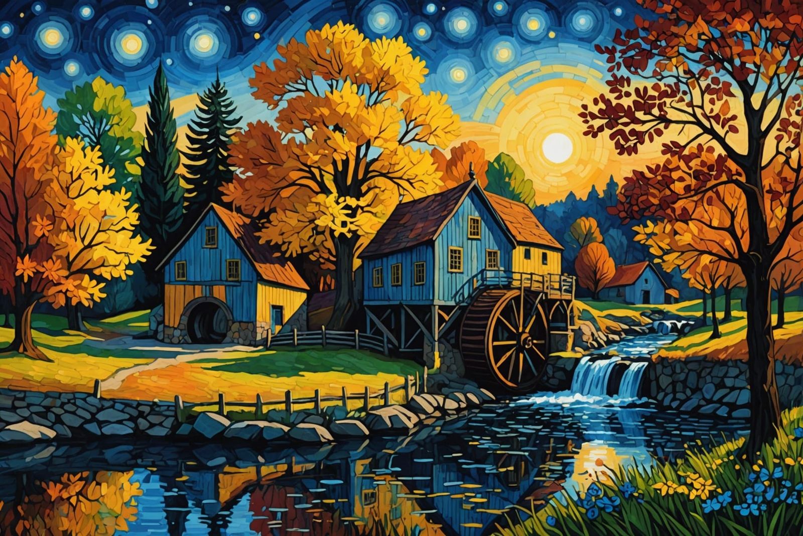 Colorful Watermill River Scene in Watercolor Style