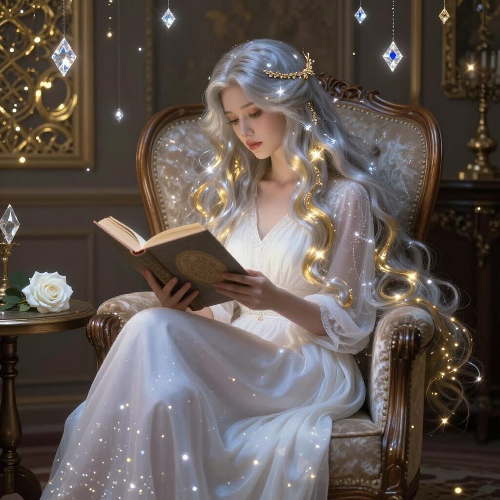 Ethereal Woman Reading in Mystic Room