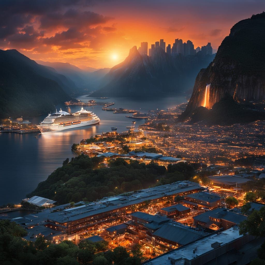 Sunset Cityscape with Majestic Waterfall and Cruise Ship