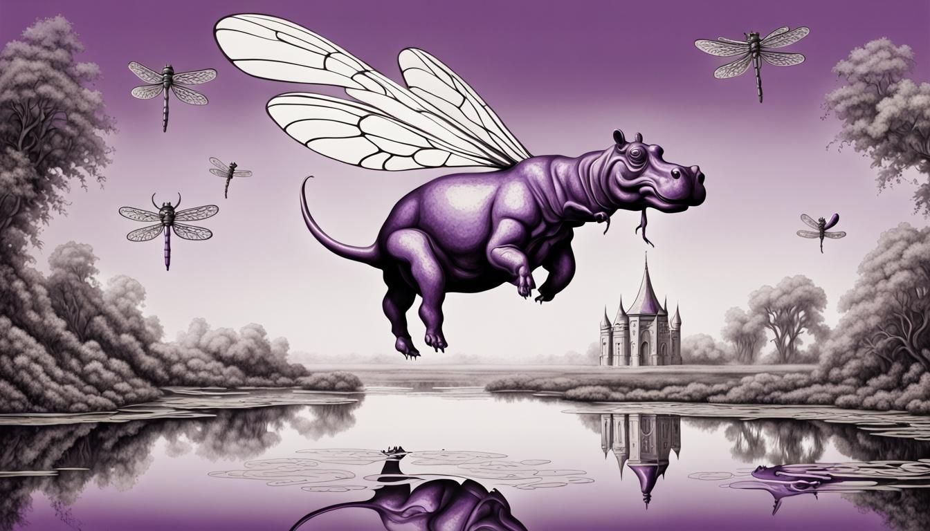 Flying Hippo in Purple Surrealism Style