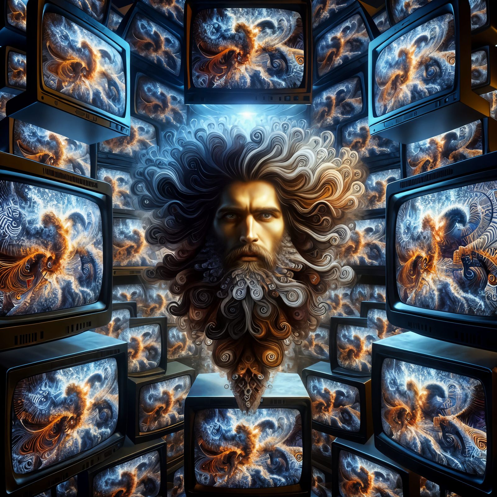 Kaleidoscopic Vortex of Screens Displaying a Man