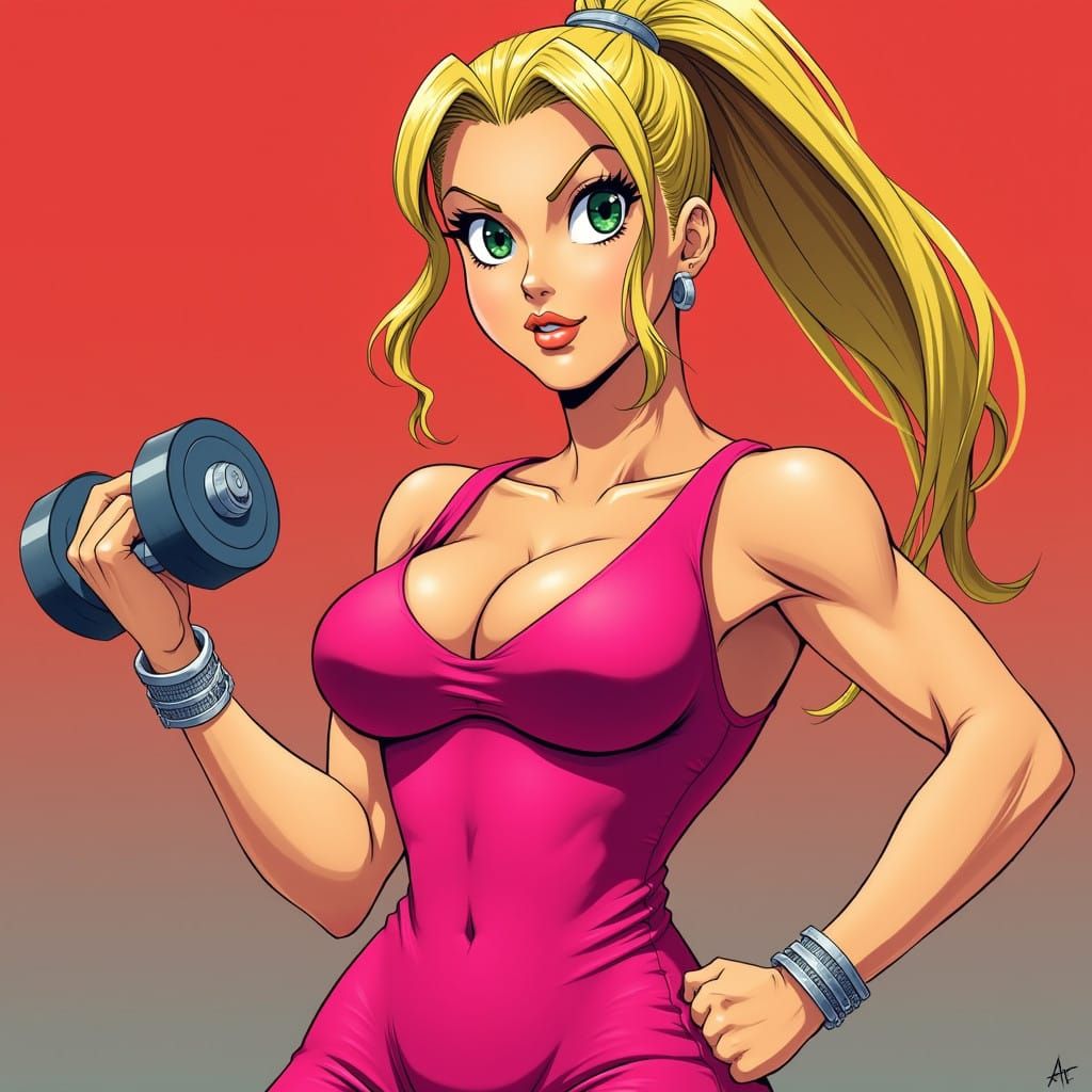 Confident Anime Girl Bodybuilder with Pink Dress and Dumbbel...