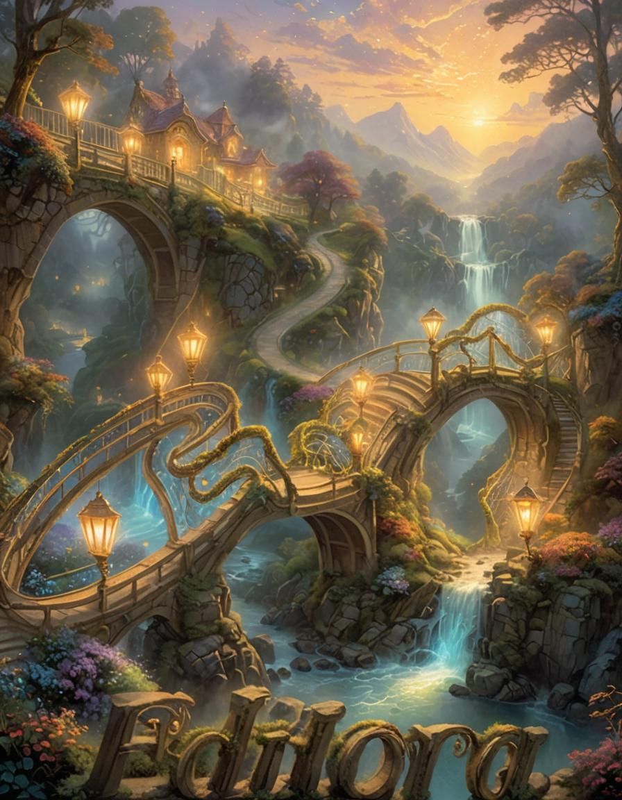 Ethereal Fantasy Landscape with Glowing Bridge