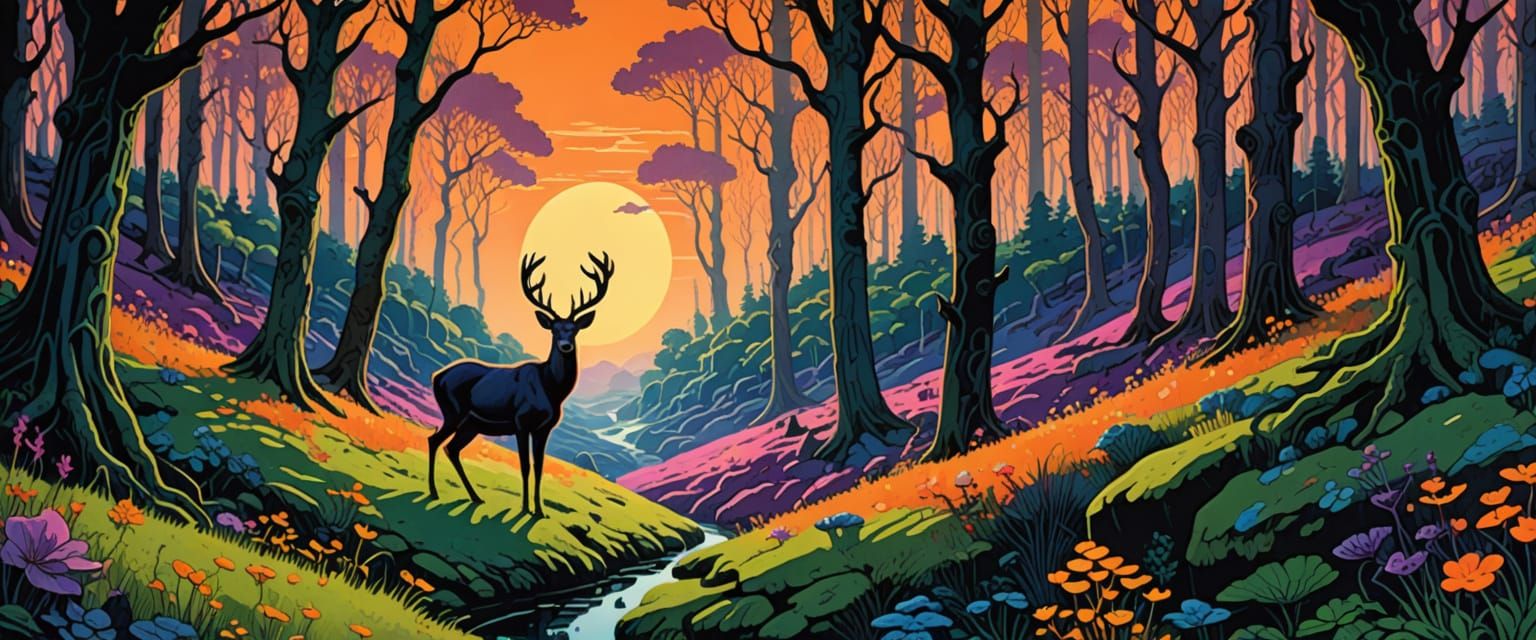 Mystical Deer in Forest Under Surreal Sunset