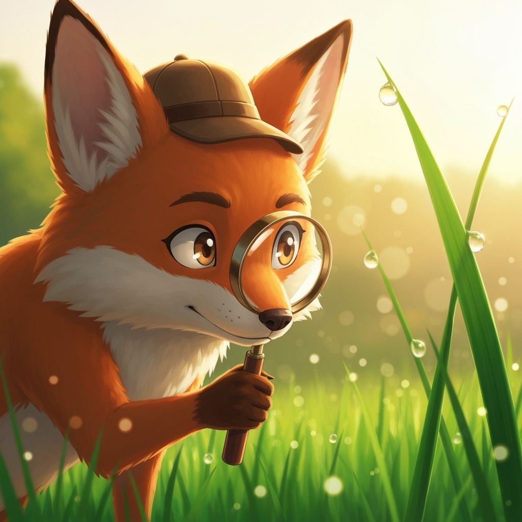 Curious Fox Cub Explores Dewdrops with Magnifying Glass