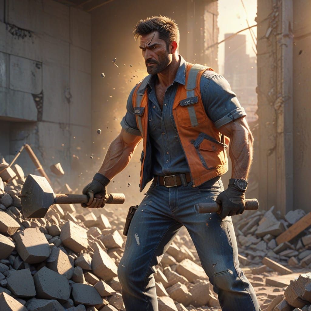 Strong Man Smashes Cement Wall in Gritty Industrial Scene