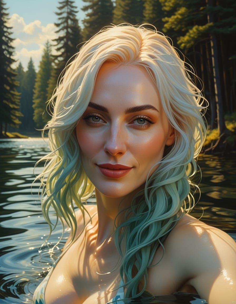 Woman Swimming in Forest Lake: Renaissance Oil Painting