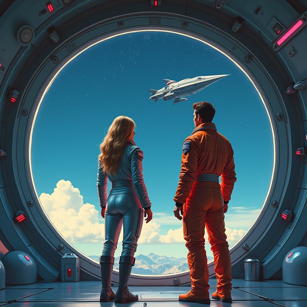 Futuristic Couple Gazing at Stars in Spaceship