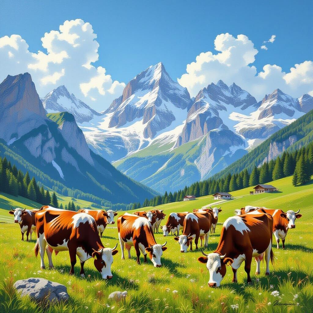 Peaceful Cows with Carved Bells in Sunny Alpine Meadow