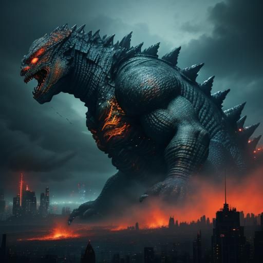 Godzilla Roars in Sci-Fi Cityscape Concept Art
