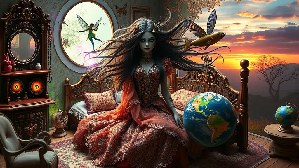 Surreal Squarepants Woman in Mythical Dollhouse: Digital Bio...